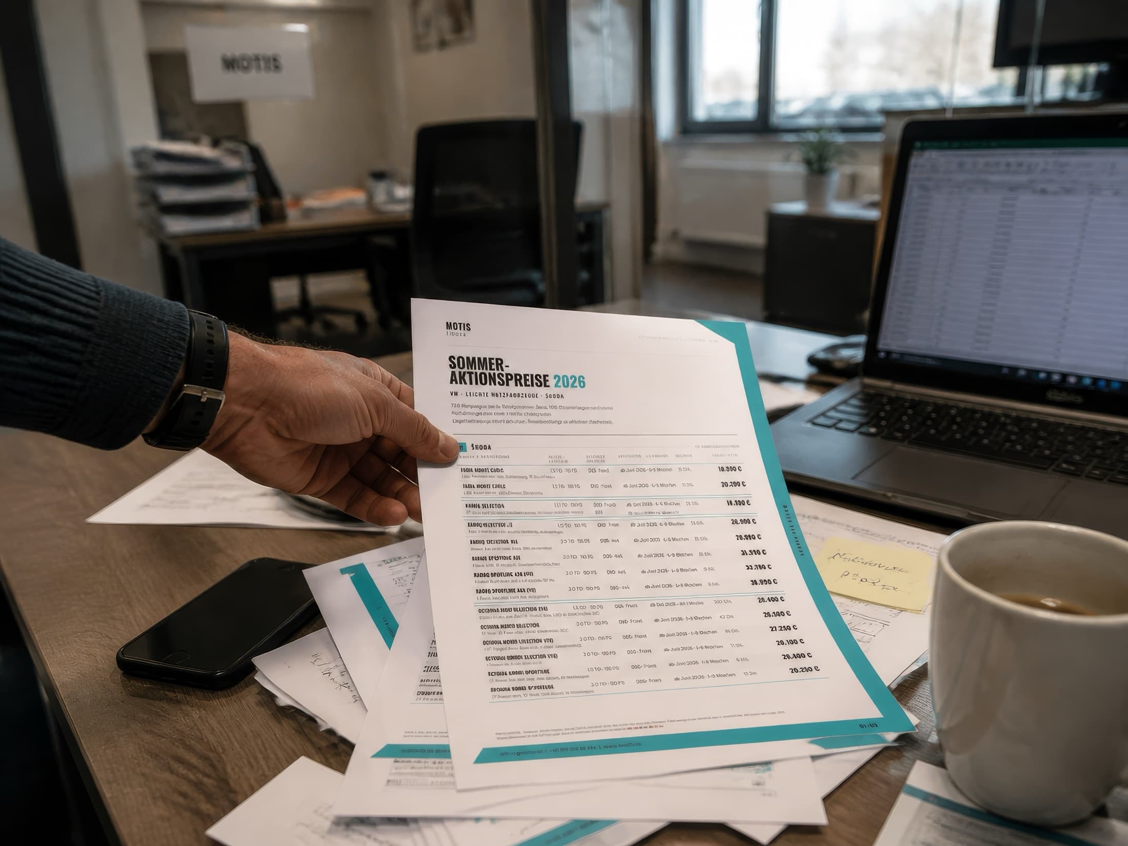 Hand holding the MOTIS summer price list at an office desk